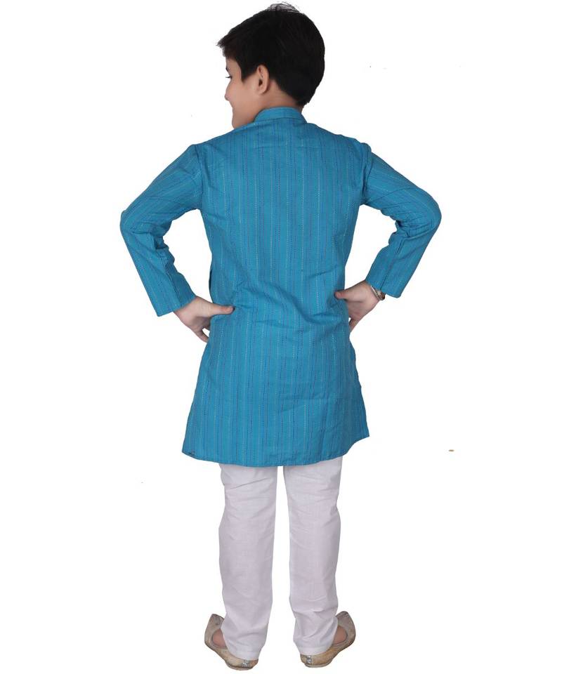 Firozi Strip Cotton Boys Kurta Pajama Set