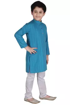 Firozi Strip Cotton Boys Kurta Pajama Set