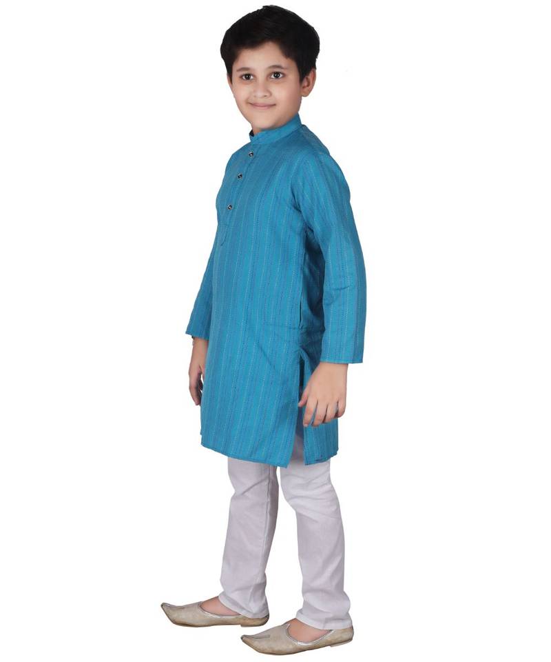 Firozi Strip Cotton Boys Kurta Pajama Set