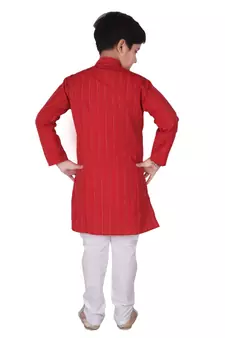 Red Strip Cotton Boys Kurta Pajama Set