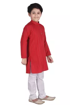 Red Strip Cotton Boys Kurta Pajama Set