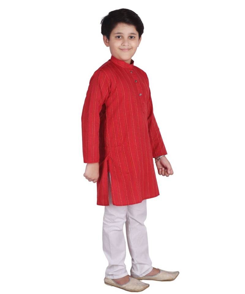 Red Strip Cotton Boys Kurta Pajama Set