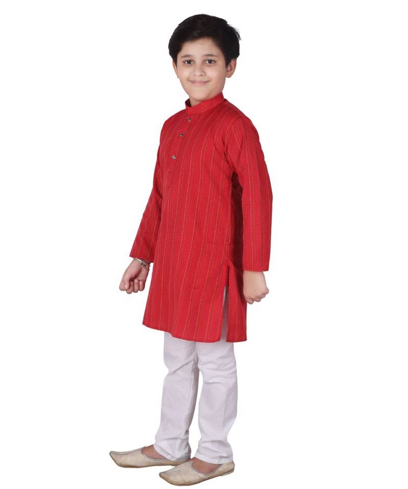 Red Strip Cotton Boys Kurta Pajama Set