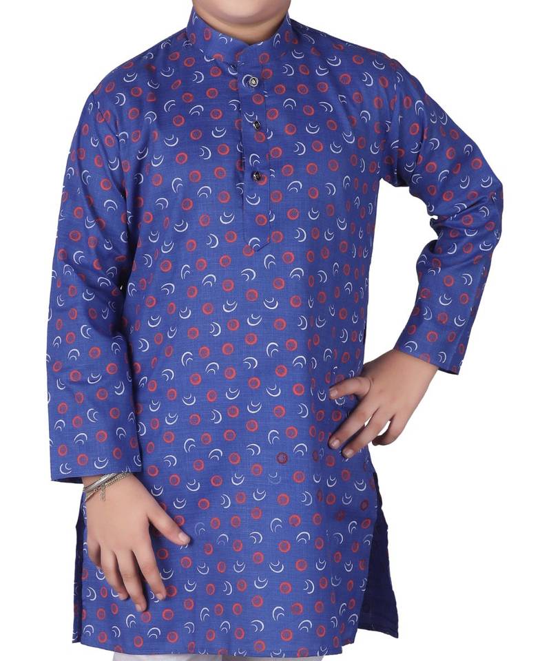 Blue Printed Cotton Boys Kurta Pajama Set