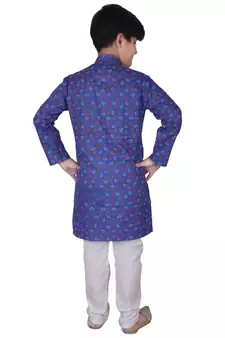 Blue Printed Cotton Boys Kurta Pajama Set
