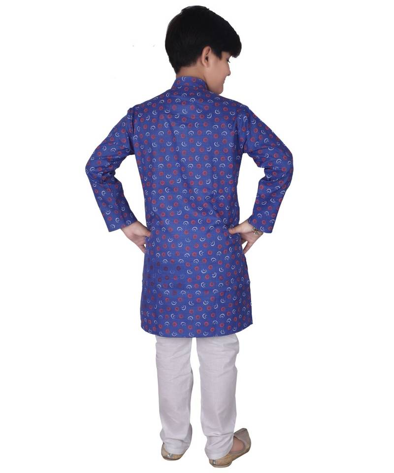 Blue Printed Cotton Boys Kurta Pajama Set