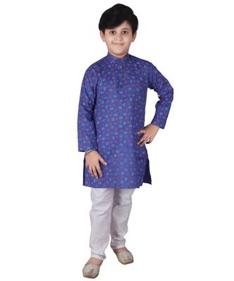 Blue Printed Cotton Boys Kurta Pajama Set 1