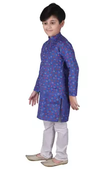 Blue Printed Cotton Boys Kurta Pajama Set