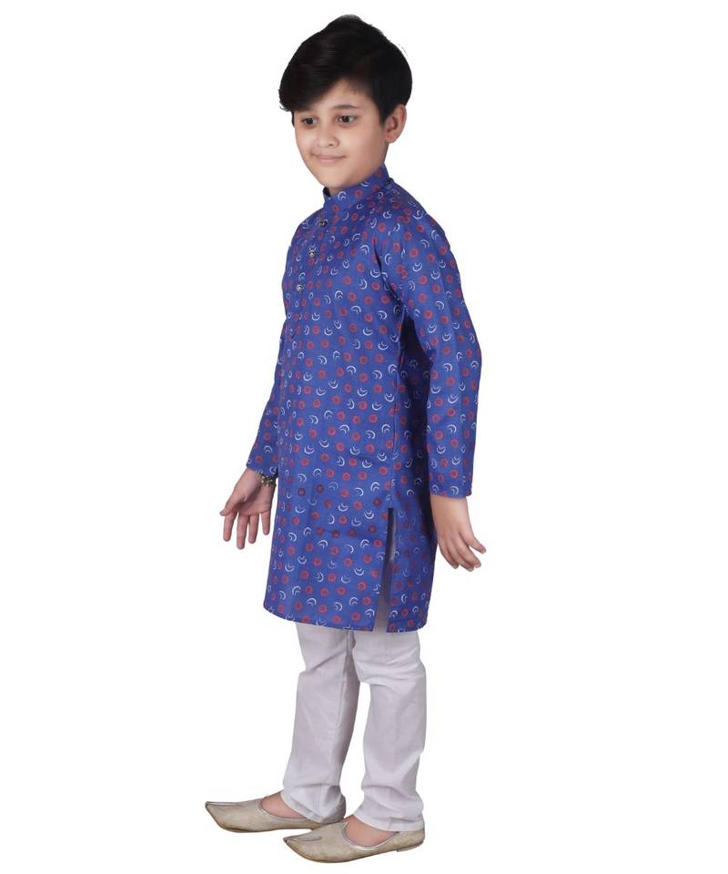 Blue Printed Cotton Boys Kurta Pajama Set