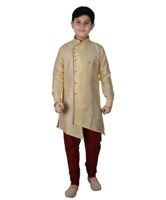 Gold Solid Silk Boys Kurta Pajama Set 1