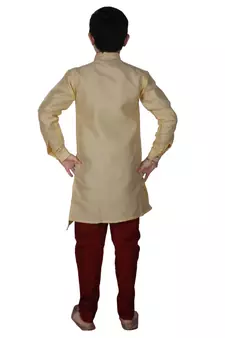 Gold Solid Silk Boys Kurta Pajama Set