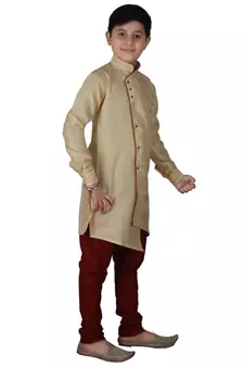 Gold Solid Silk Boys Kurta Pajama Set