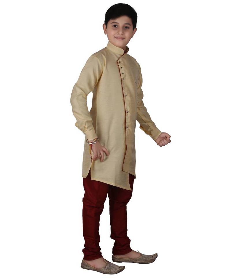 Gold Solid Silk Boys Kurta Pajama Set
