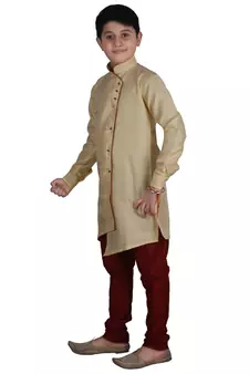 Gold Solid Silk Boys Kurta Pajama Set
