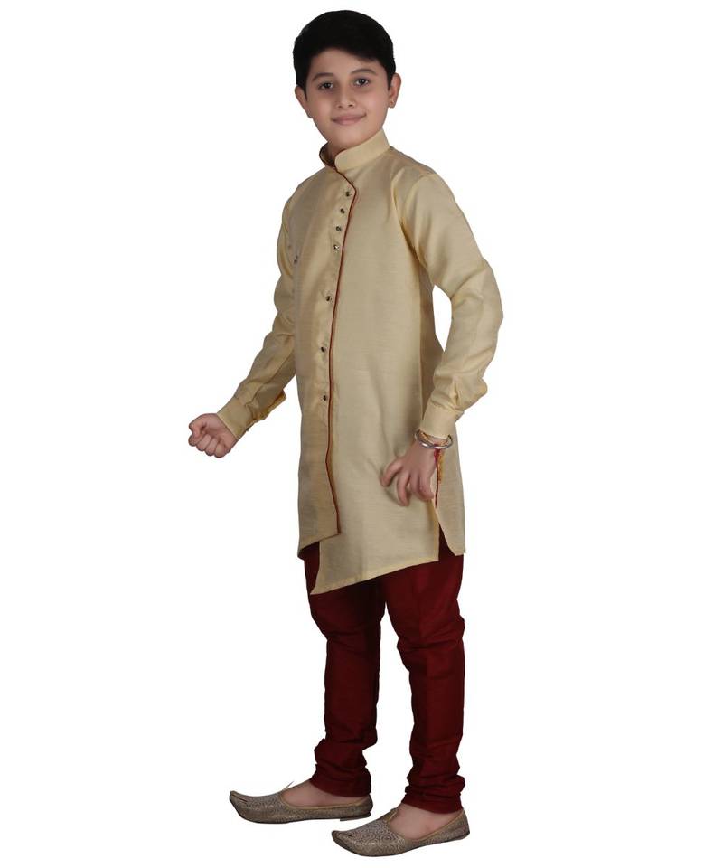 Gold Solid Silk Boys Kurta Pajama Set