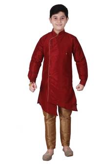 Maroon Solid Silk Boys Kurta Pajama Set