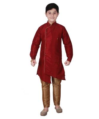 Maroon Solid Silk Boys Kurta Pajama Set 1