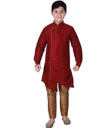 Maroon Solid Silk Boys Kurta Pajama Set