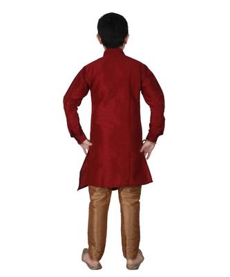 Maroon Solid Silk Boys Kurta Pajama Set 2
