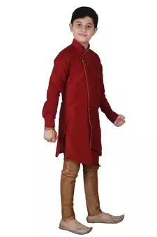 Maroon Solid Silk Boys Kurta Pajama Set