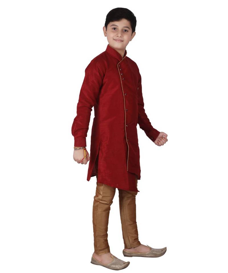 Maroon Solid Silk Boys Kurta Pajama Set