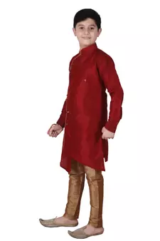 Maroon Solid Silk Boys Kurta Pajama Set