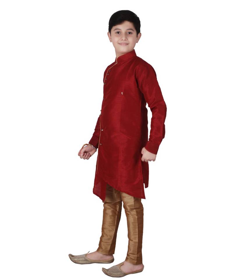 Maroon Solid Silk Boys Kurta Pajama Set