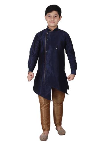 Navy Blue Solid Silk Boys Kurta Pajama Set