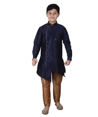 Navy Blue Solid Silk Boys Kurta Pajama Set 1