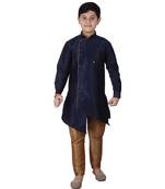 Navy Blue Solid Silk Boys Kurta Pajama Set