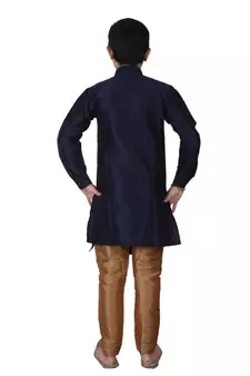 Navy Blue Solid Silk Boys Kurta Pajama Set