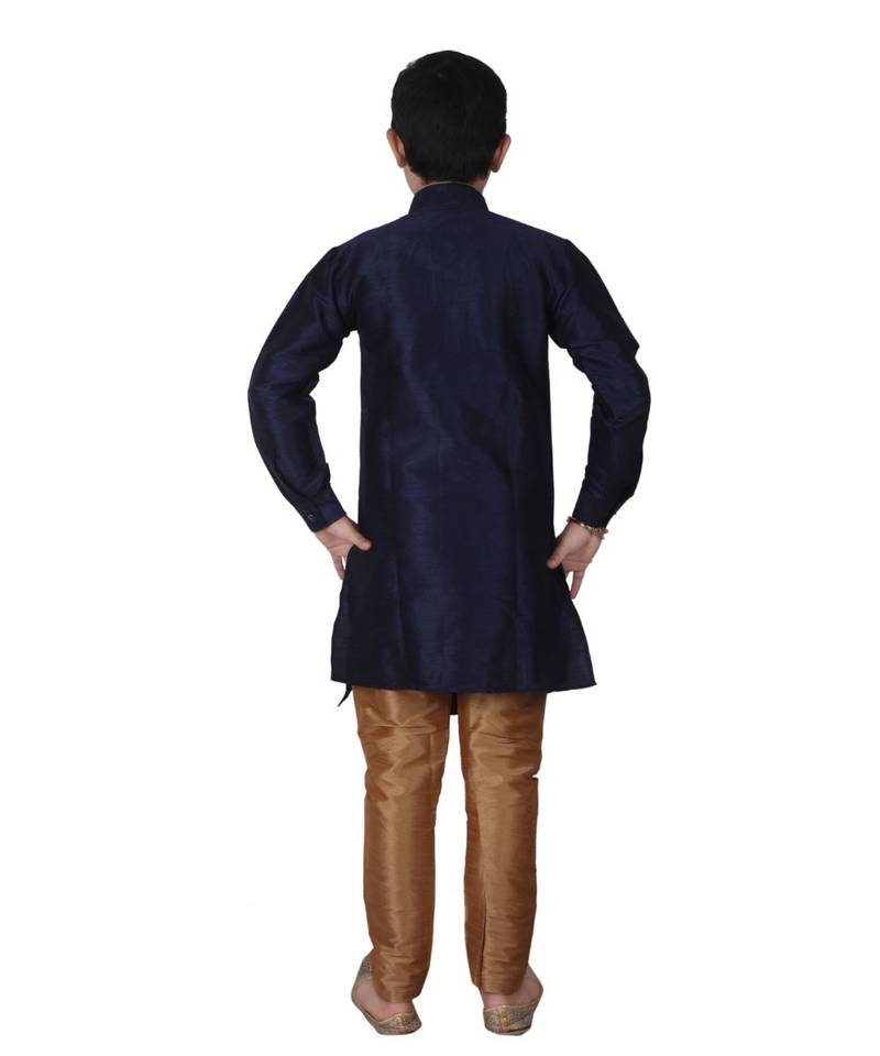 Navy Blue Solid Silk Boys Kurta Pajama Set