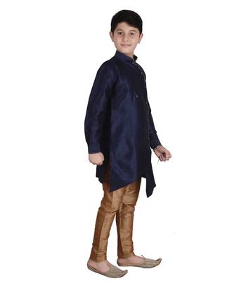 Navy Blue Solid Silk Boys Kurta Pajama Set 3