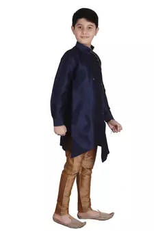 Navy Blue Solid Silk Boys Kurta Pajama Set