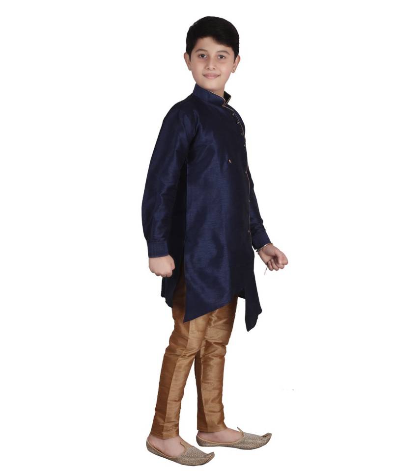 Navy Blue Solid Silk Boys Kurta Pajama Set