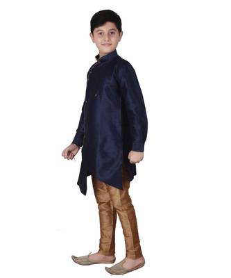 Navy Blue Solid Silk Boys Kurta Pajama Set 4