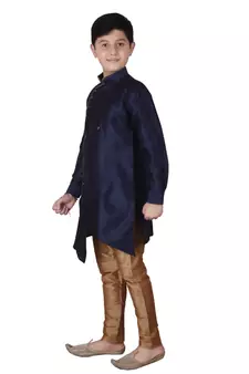 Navy Blue Solid Silk Boys Kurta Pajama Set