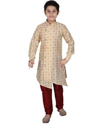 Gold Floral Design Silk  Boys Kurta Pajama Set 1