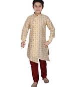 Gold Floral Design Silk  Boys Kurta Pajama Set