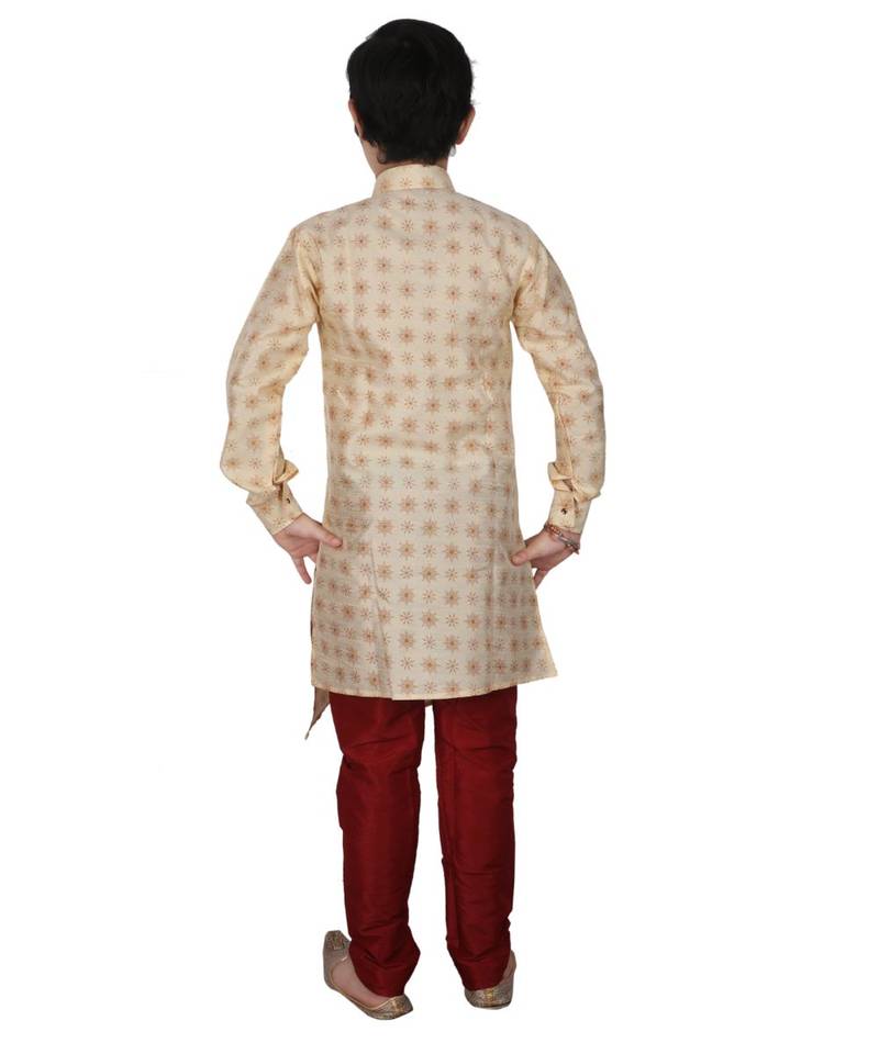 Gold Floral Design Silk  Boys Kurta Pajama Set