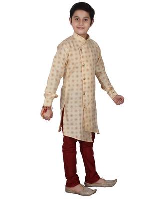 Gold Floral Design Silk  Boys Kurta Pajama Set 3