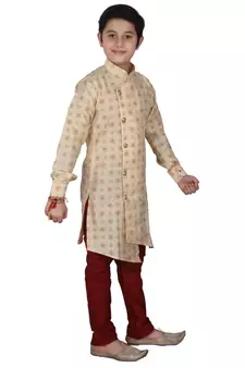 Gold Floral Design Silk  Boys Kurta Pajama Set