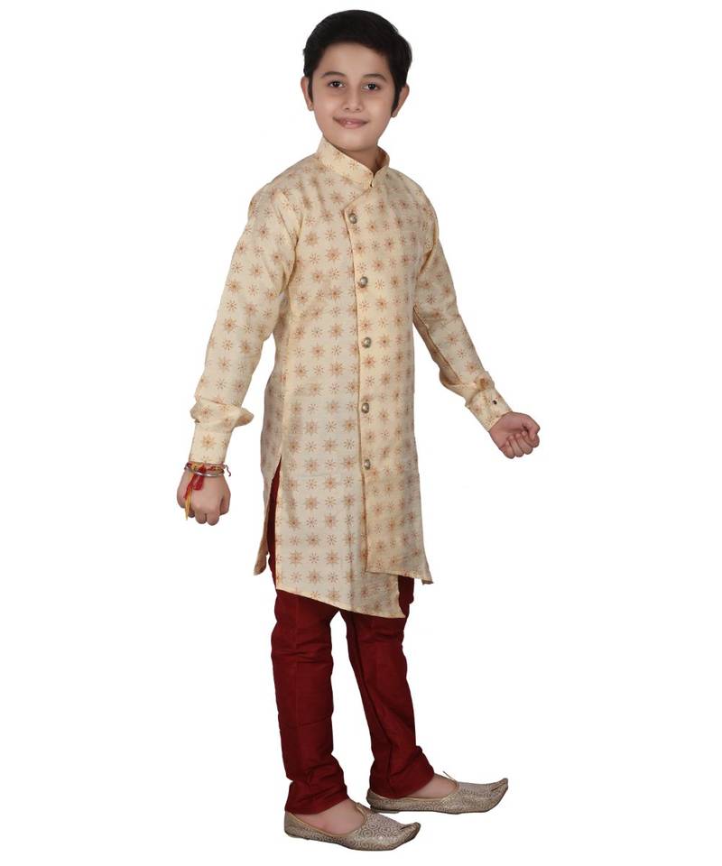 Gold Floral Design Silk  Boys Kurta Pajama Set