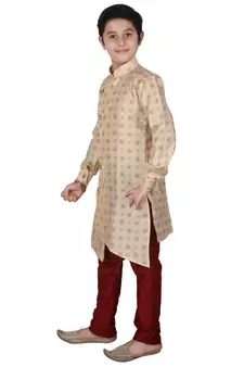 Gold Floral Design Silk  Boys Kurta Pajama Set