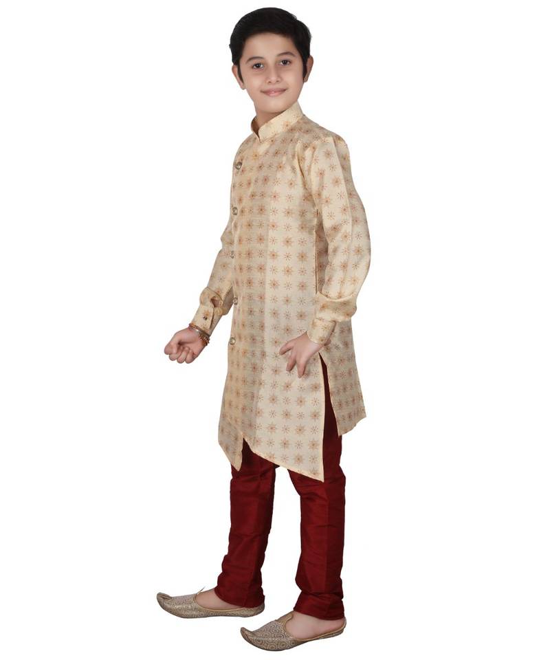 Gold Floral Design Silk  Boys Kurta Pajama Set