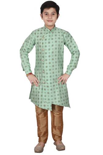 Light Green Floral Design Silk  Boys Kurta Pajama Set