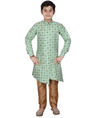 Light Green Floral Design Silk  Boys Kurta Pajama Set 1