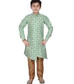 Light Green Floral Design Silk  Boys Kurta Pajama Set
