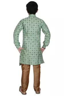 Light Green Floral Design Silk  Boys Kurta Pajama Set
