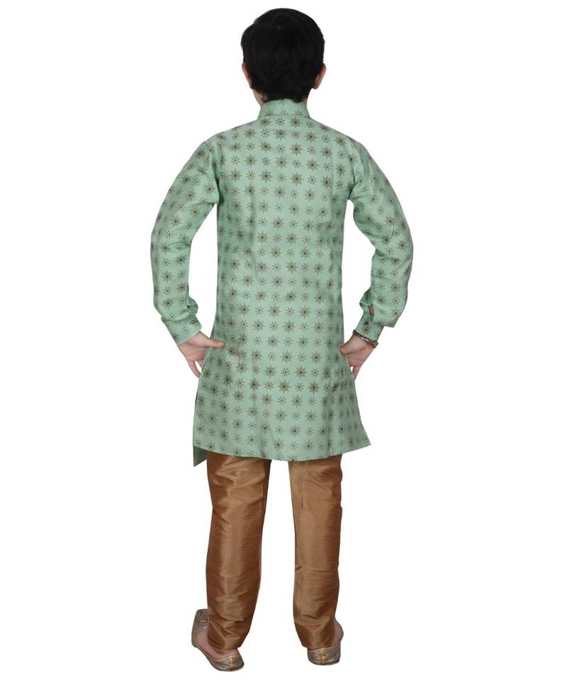 Light Green Floral Design Silk  Boys Kurta Pajama Set